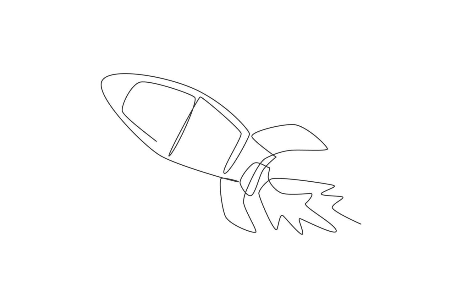 Single continuous line drawing rocket launch fly into the sky universe. Vintage spacecraft rocketship. Simple retro outer space vehicle concept. Trendy one line draw design graphic vector illustration