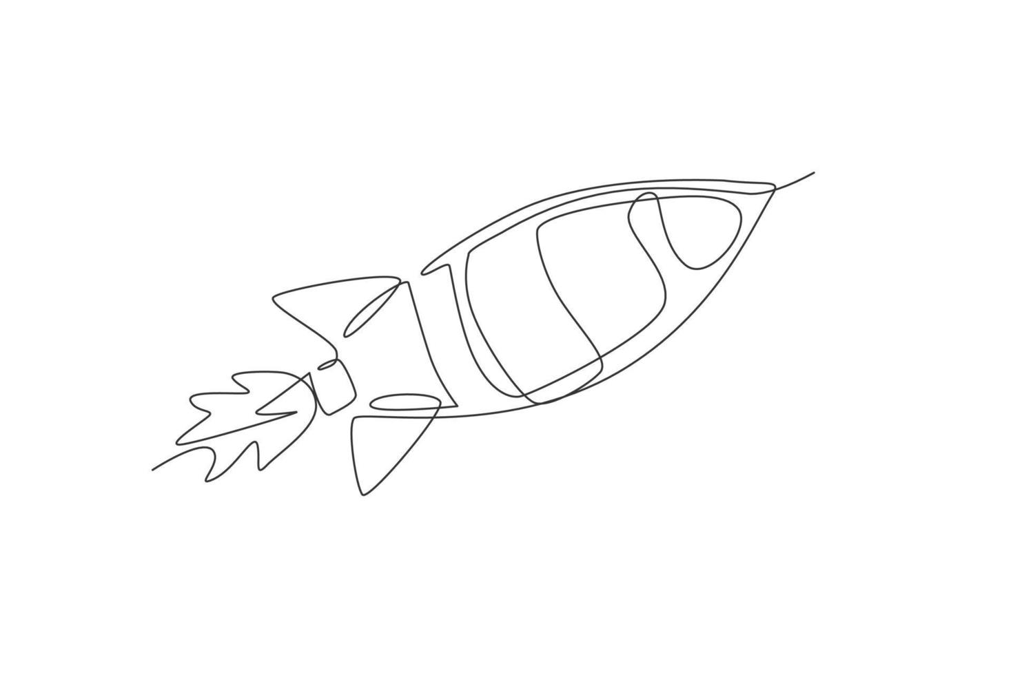 One single line drawing of simple vintage rocket takes off into the outer space vector graphic illustration. Exploration cosmos galactic with spaceship concept. Modern continuous line draw design