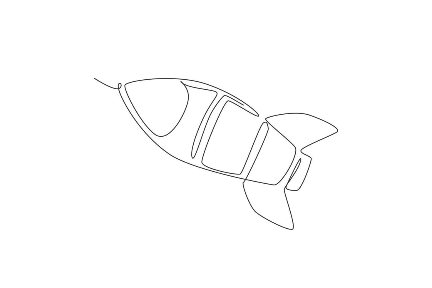 Single continuous line drawing rocket launch fly into the sky universe. Vintage spacecraft rocketship. Simple retro outer space vehicle concept. Trendy one line draw design vector illustration graphic