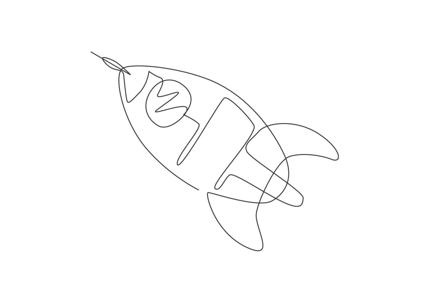 Single continuous line drawing rocket launch fly into the sky universe. Vintage spacecraft rocketship. Simple retro outer space vehicle concept. Trendy one line draw graphic design vector illustration