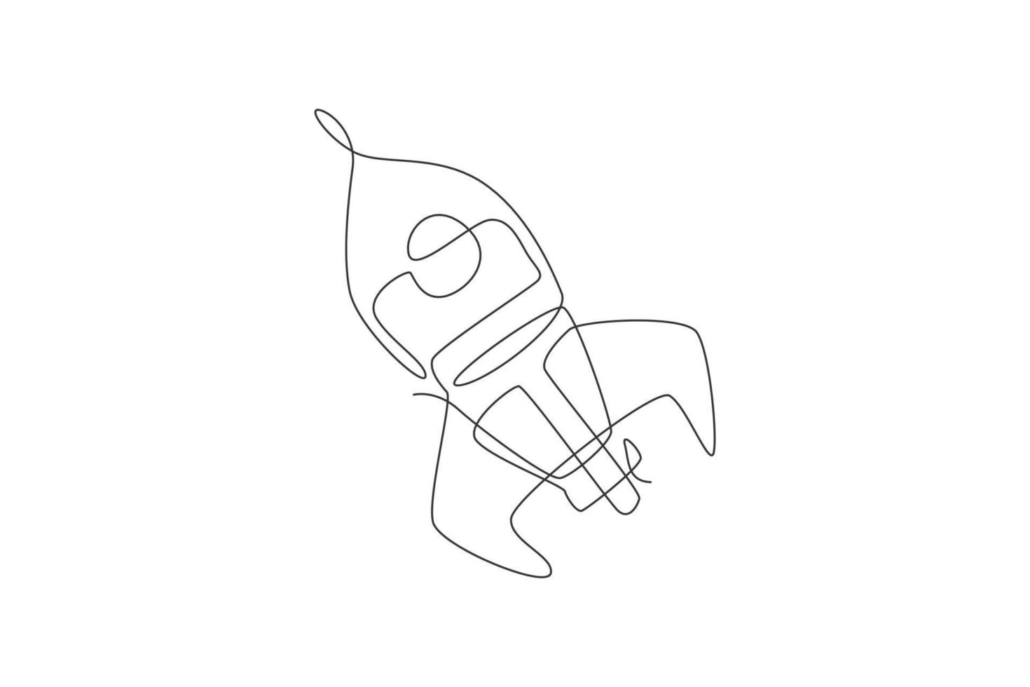 Single continuous line drawing rocket launch fly into the sky universe. Vintage spacecraft rocketship. Simple retro outer space vehicle concept. Trendy one line draw graphic design vector illustration