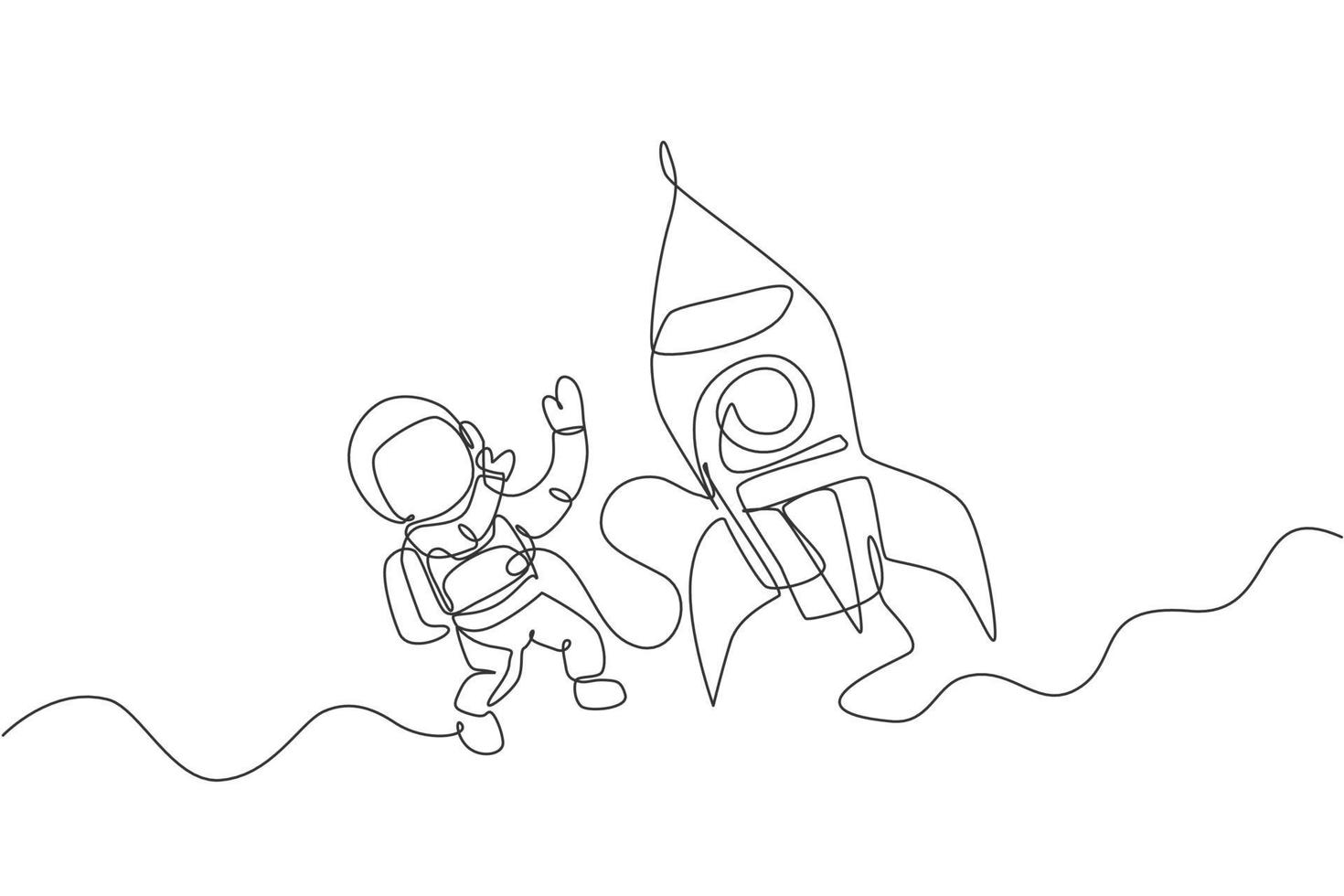 One continuous line drawing of spaceman astronaut science discovering cosmos galactic with rocket. Cosmonaut exploration of outer space concept. Dynamic single line draw design vector illustration