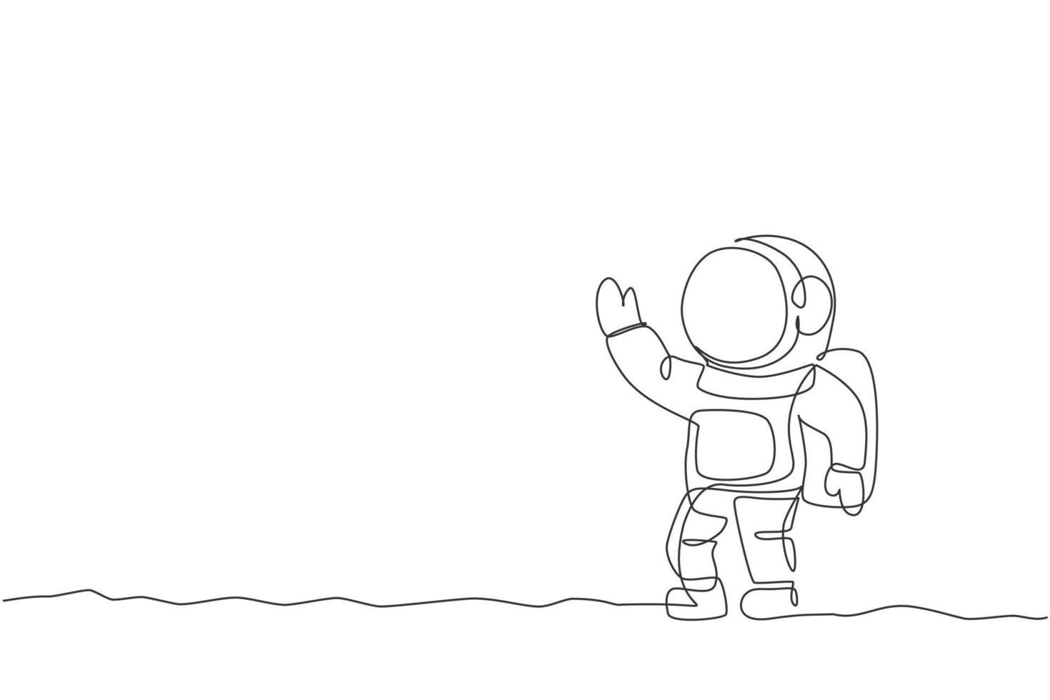 One single line drawing of young astronaut in spacesuit flying at outer space vector graphic illustration. Spaceman adventure galactic space concept. Modern continuous line draw design