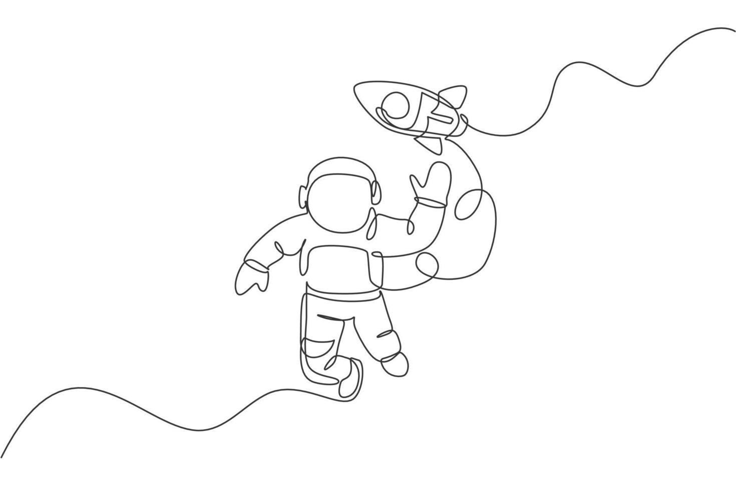 One continuous line drawing of waving hand spaceman astronaut science discovering cosmos galactic with rocket. Cosmonaut in outer space concept. Dynamic single line draw design vector illustration