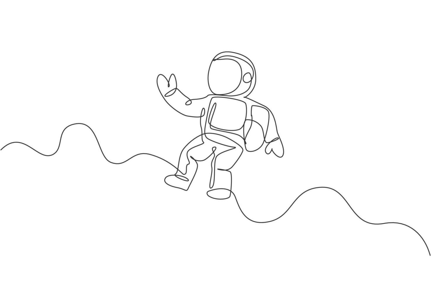 One continuous line drawing of young astronaut scientist exploring outer space in retro style. Spaceman cosmos discovery concept. Dynamic single line draw design vector graphic illustration