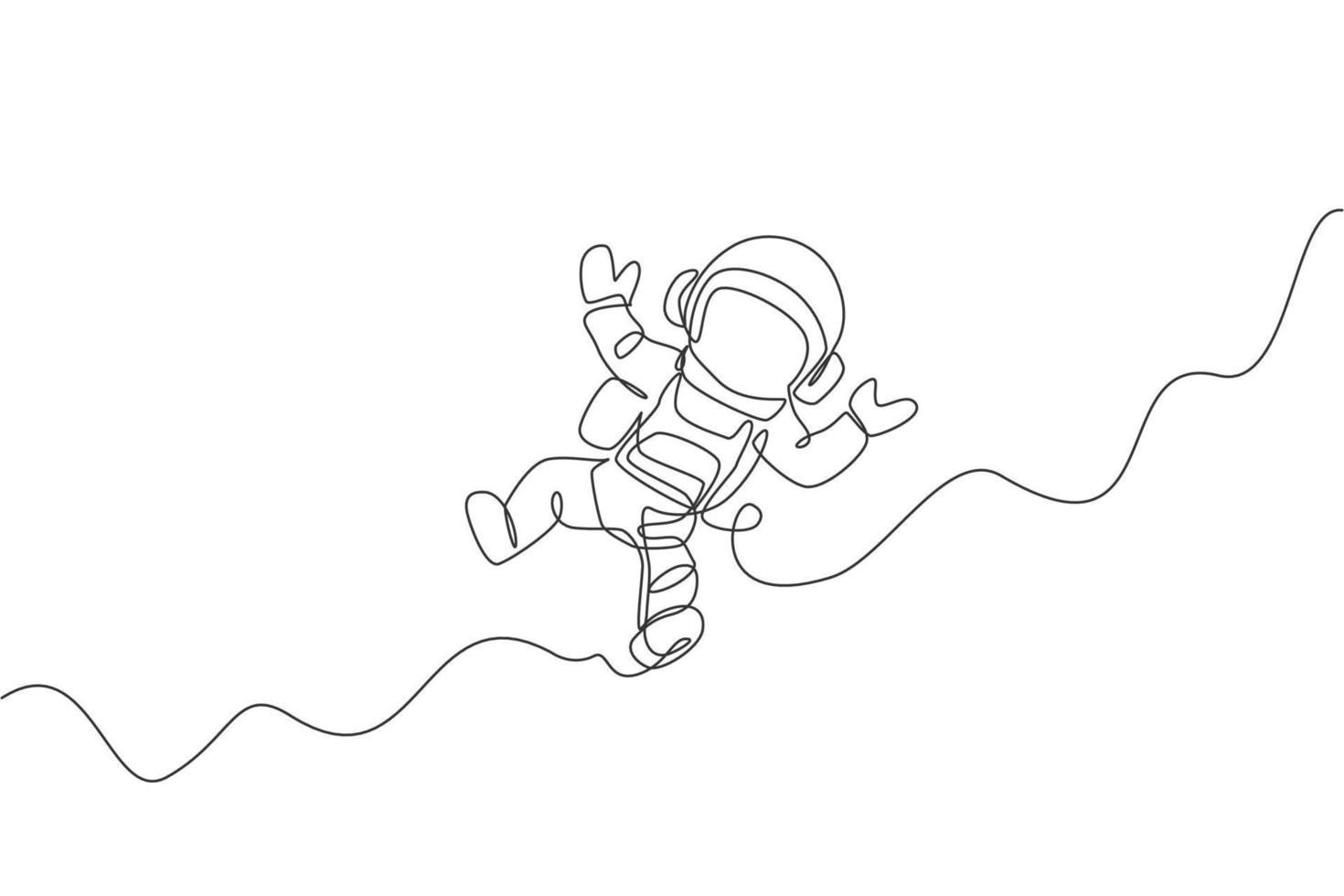 One continuous line drawing of young astronaut scientist exploring outer space in retro style. Spaceman cosmos discovery concept. Dynamic single line draw graphic design vector illustration