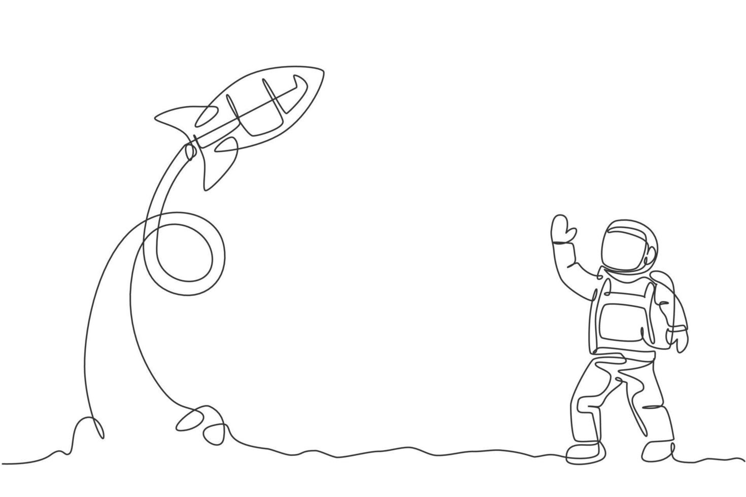 One continuous line drawing of spaceman astronaut science at moon land waving hand to take off rocket. Cosmonaut exploration of outer space concept. Dynamic single line draw design vector illustration