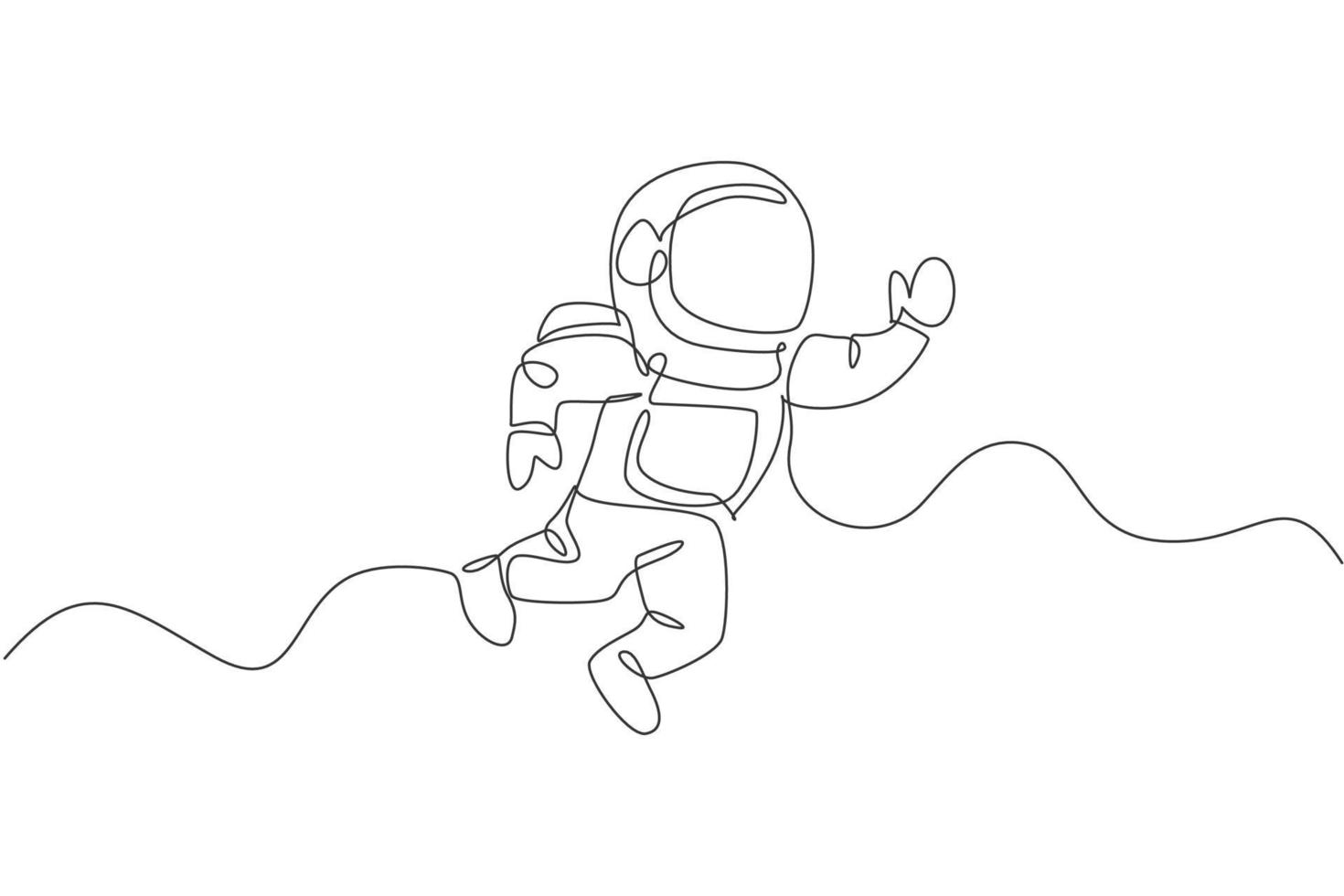 One continuous line drawing of young astronaut scientist exploring outer space in retro style. Spaceman cosmos discovery concept. Dynamic single line draw design vector graphic illustration