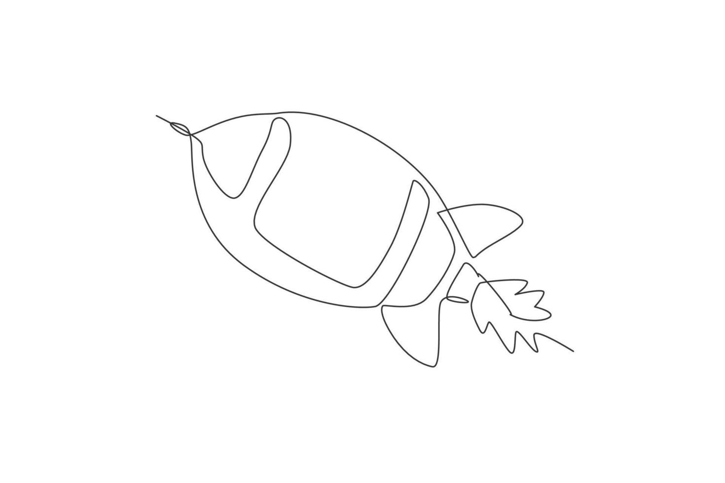 One continuous line drawing of simple retro spacecraft flying up to the outer space nebula. Rocket space ship launch into universe concept. Dynamic single line draw design graphic vector illustration
