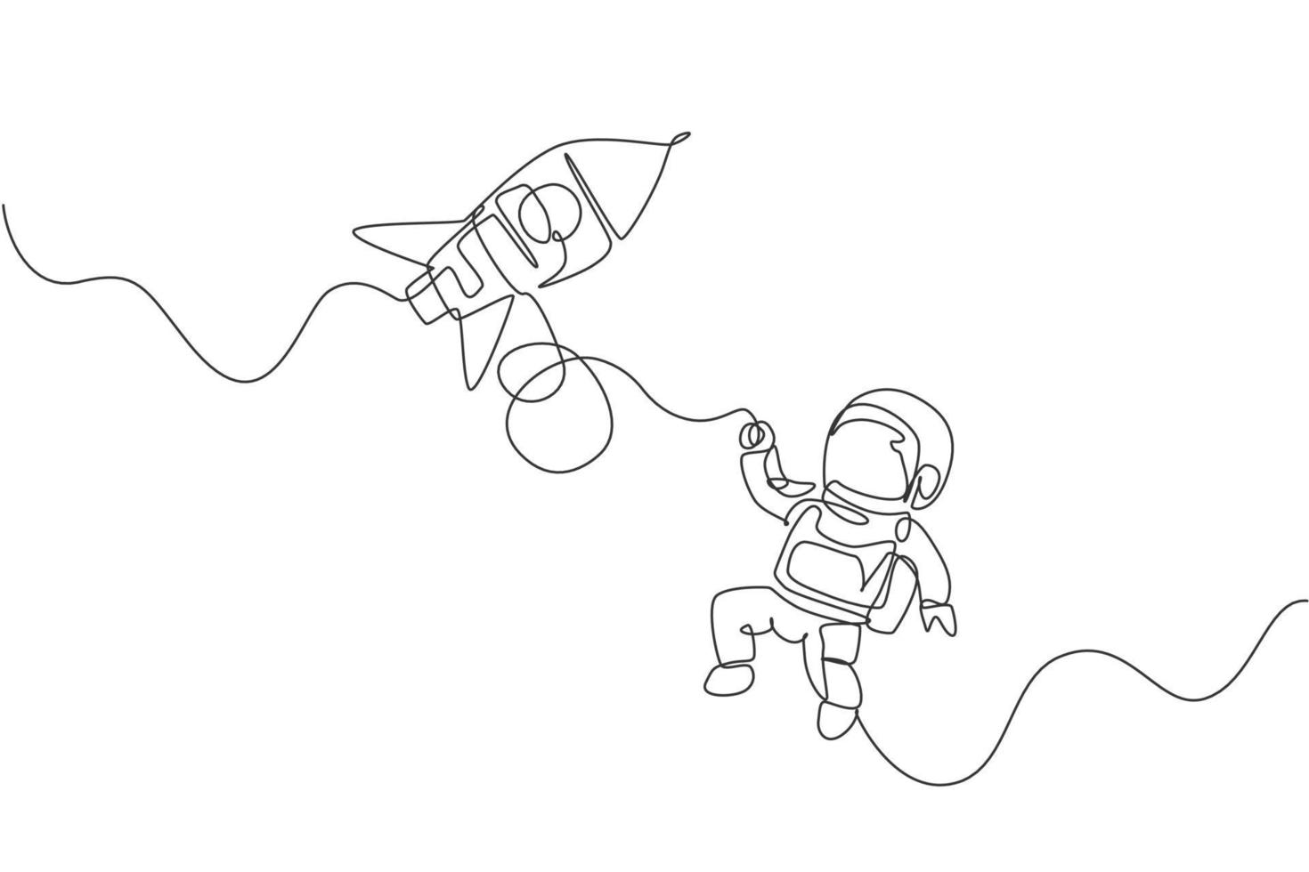 One single line drawing of astronaut in spacesuit floating and discovering deep space with rocket spaceship vector illustration. Exploring outer space concept. Modern continuous line draw design