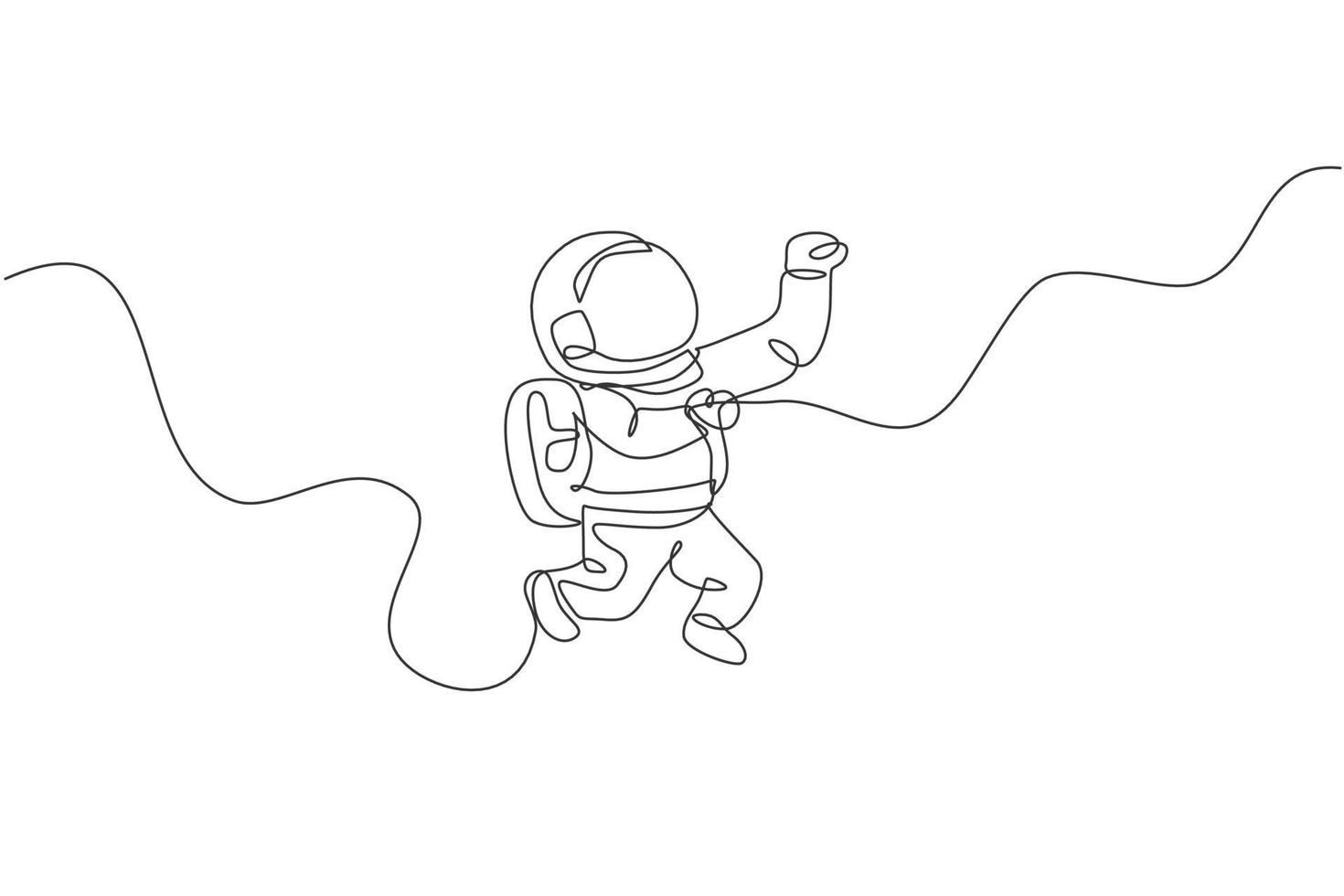 Single continuous line drawing of young cosmonaut scientist discovering spacewalk universe in vintage style. Astronaut cosmic traveler concept. Trendy one line draw design vector graphic illustration