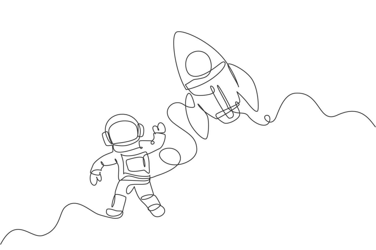Single continuous line drawing of astronaut in spacesuit flying at outer space with rocket spacecraft. Science milky way astronomy concept. Trendy one line draw graphic design vector illustration