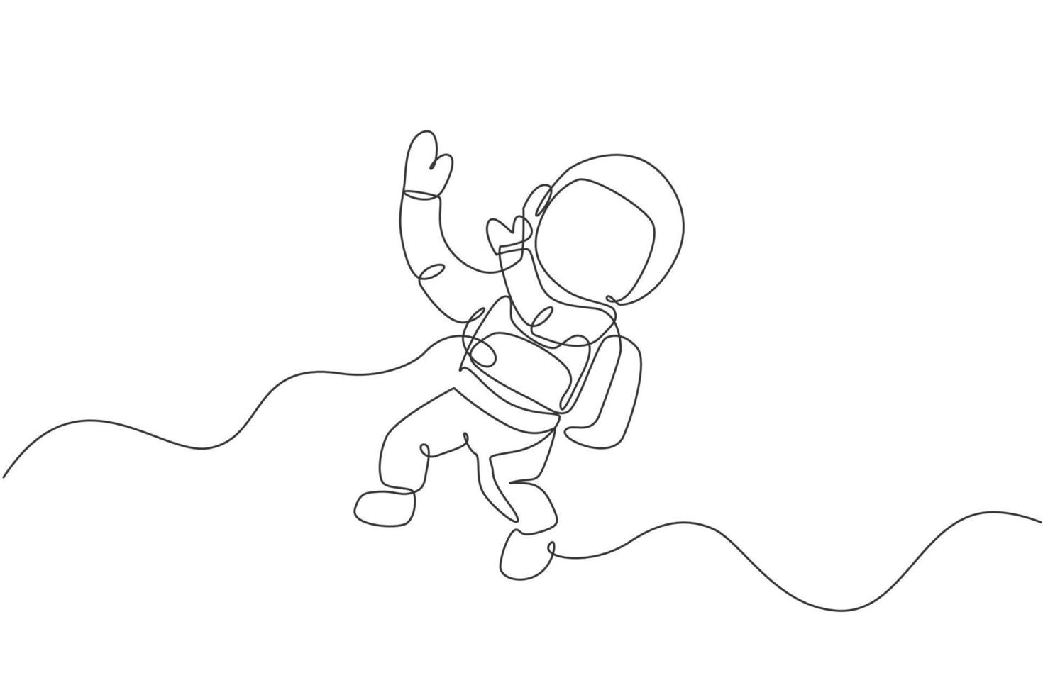 Single continuous line drawing of young cosmonaut scientist discovering spacewalk universe in vintage style. Astronaut cosmic traveler concept. Trendy one line draw graphic design vector illustration
