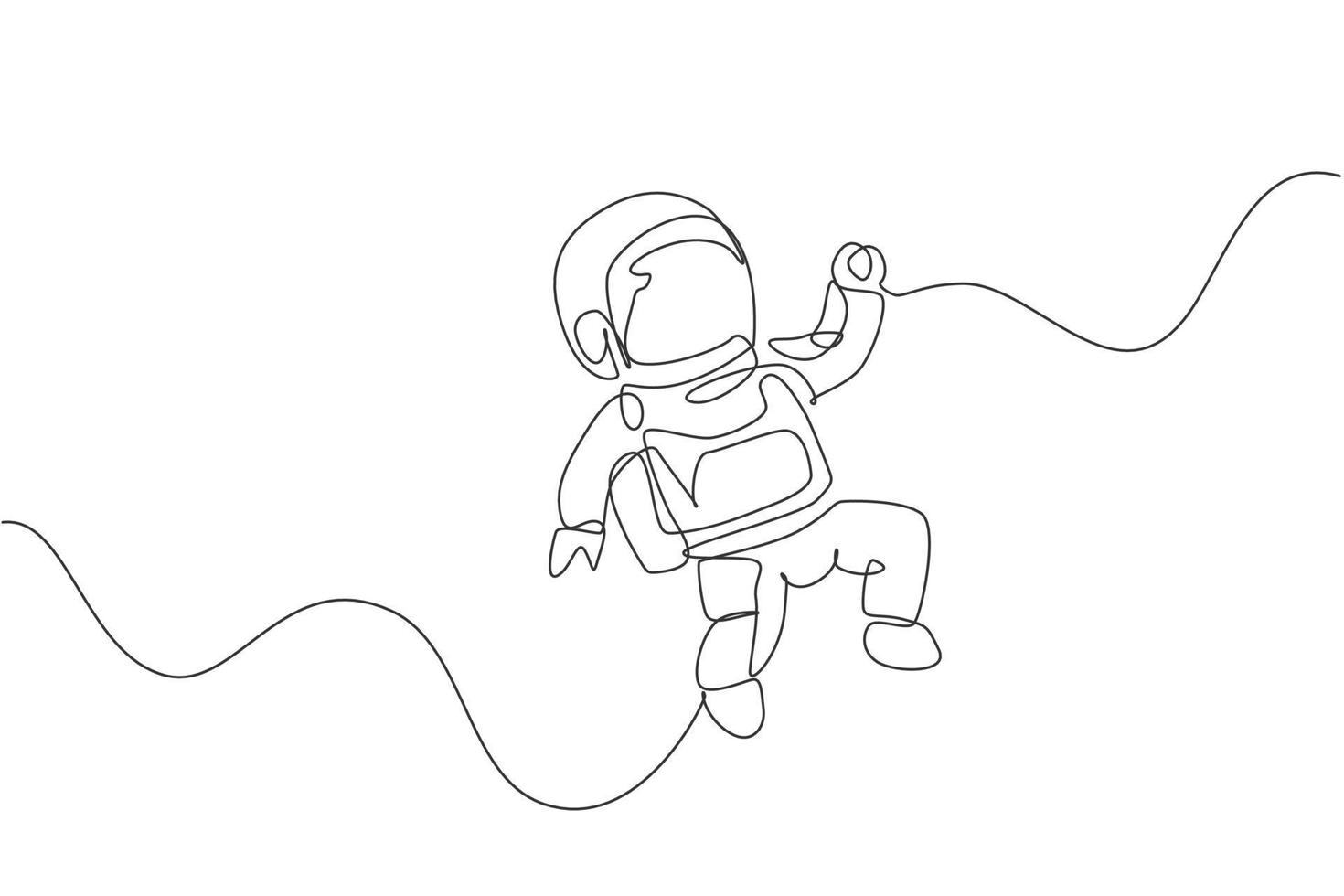 One single line drawing of young astronaut in spacesuit flying at outer space vector illustration graphic. Spaceman adventure galactic space concept. Modern continuous line draw design