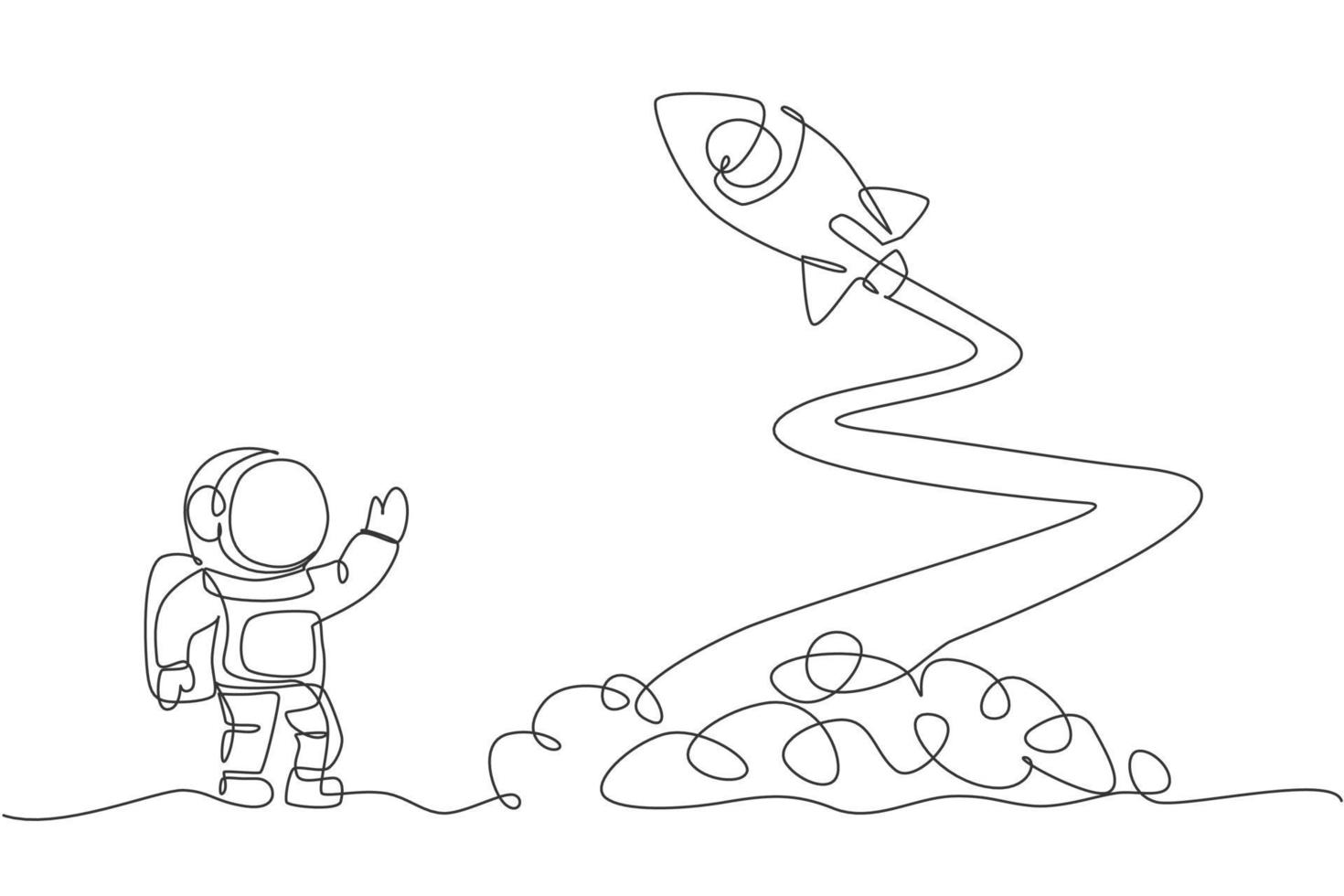 One continuous line drawing of spaceman astronaut science on moon waving hand to launching rocket. Cosmonaut exploration of outer space concept. Dynamic single line draw design vector illustration