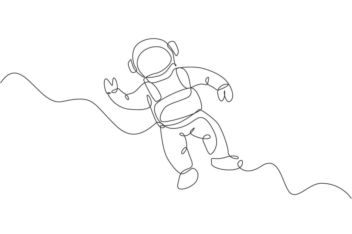 Single continuous line drawing of young cosmonaut scientist discovering spacewalk universe in vintage style. Astronaut cosmic traveler concept. Trendy one line draw design vector graphic illustration