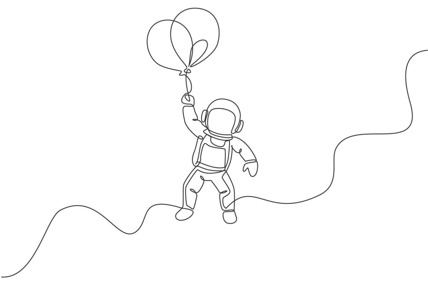 One continuous line drawing of cosmonaut exploring outer space. Astronaut flying with balloons. Fantasy cosmic galaxy discovery concept. Dynamic single line draw graphic design vector illustration