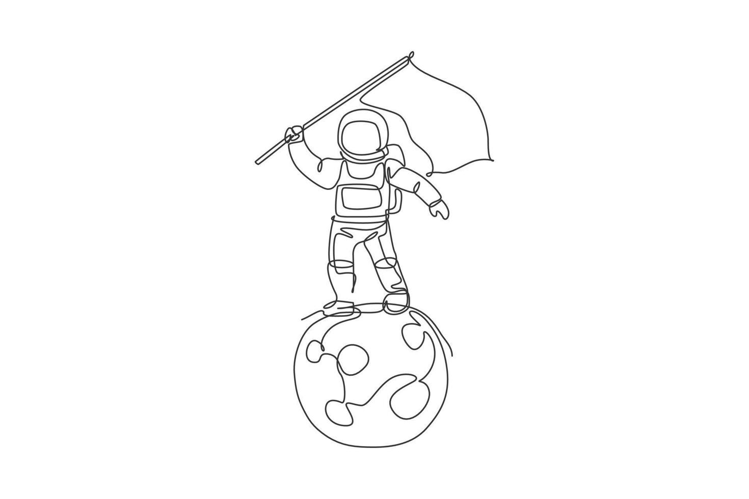 One continuous line drawing of cosmonaut exploring outer space. Astronaut waving flag while standing on full moon. Fantasy cosmic galaxy discovery concept. Single line draw design vector illustration