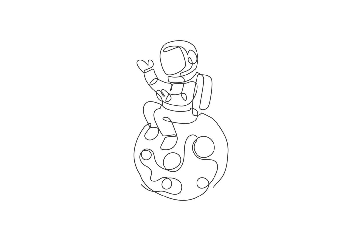 One continuous line drawing of cosmonaut exploring outer space. Astronaut sitting on full moon. Fantasy cosmic galaxy discovery concept. Dynamic single line draw design vector graphic illustration