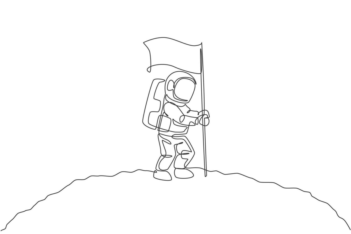 One single line drawing of space man astronaut exploring cosmic galaxy, and planting flag on moon surface vector illustration. Fantasy outer space life fiction concept. Continuous line draw design