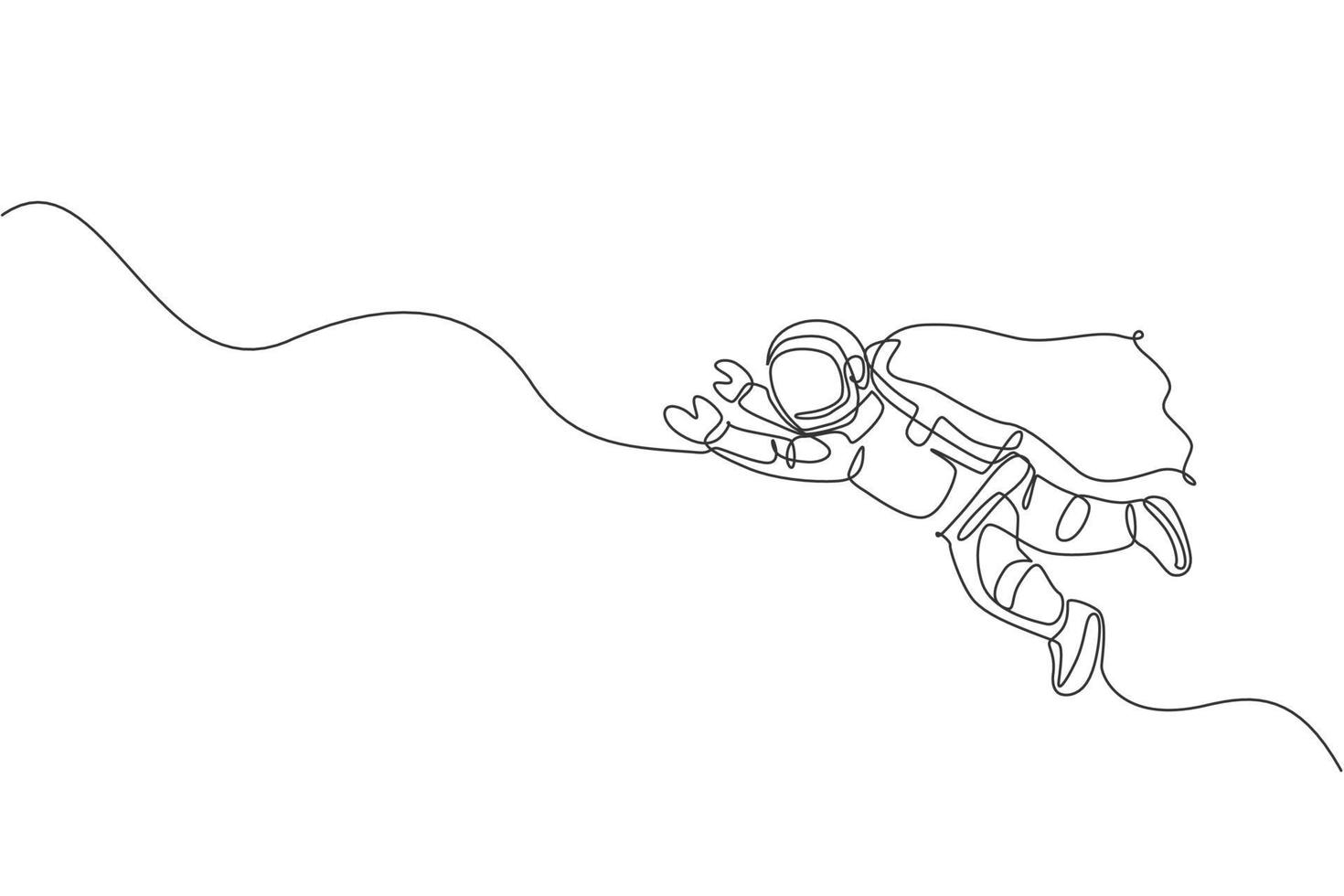 Dibujo de línea continua única astronauta de ciencia flotante en vuelo espacial con traje de ala. exploración del espacio profundo de fantasía, concepto de ficción. Ilustración gráfica de vector de diseño de dibujo de una línea de moda