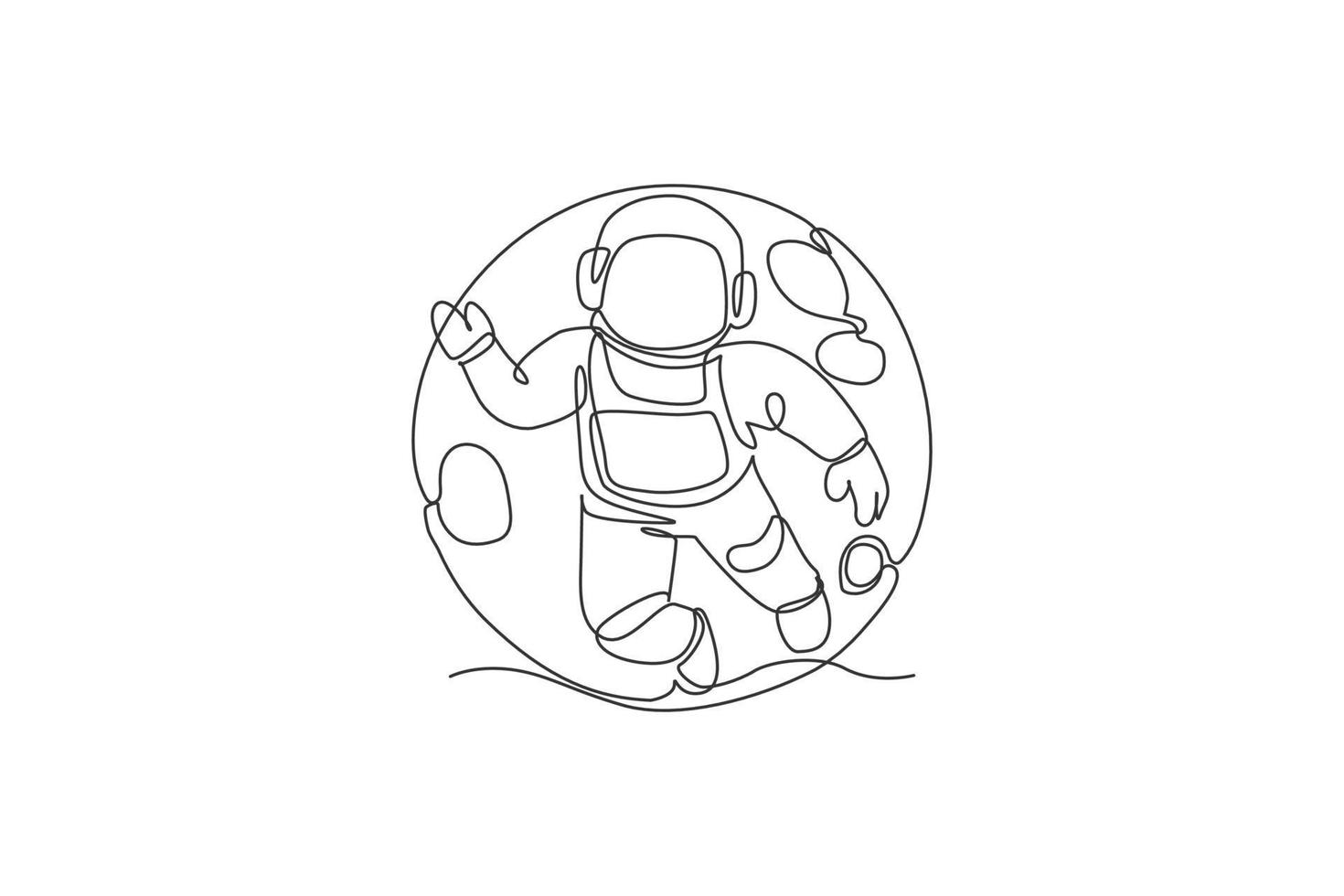 dibujo de línea continua única de astronauta científico flotante en caminata espacial volando contra la luna llena. exploración del espacio profundo de fantasía, concepto de ficción. Ilustración de vector de diseño de dibujo de una línea de moda