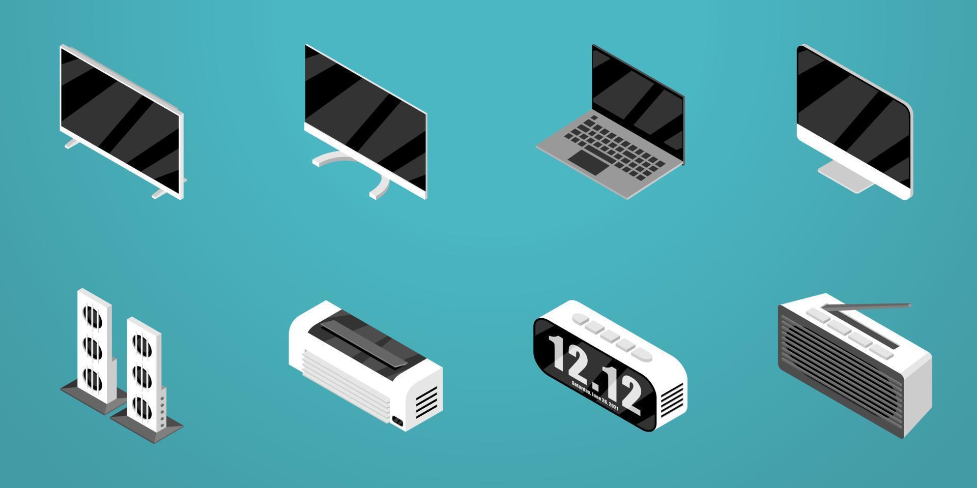 Set of isometric icon design for electronic, TV, Monitor, Desktop, Laptop, Sound Bar, AC, Radio, Clock vector