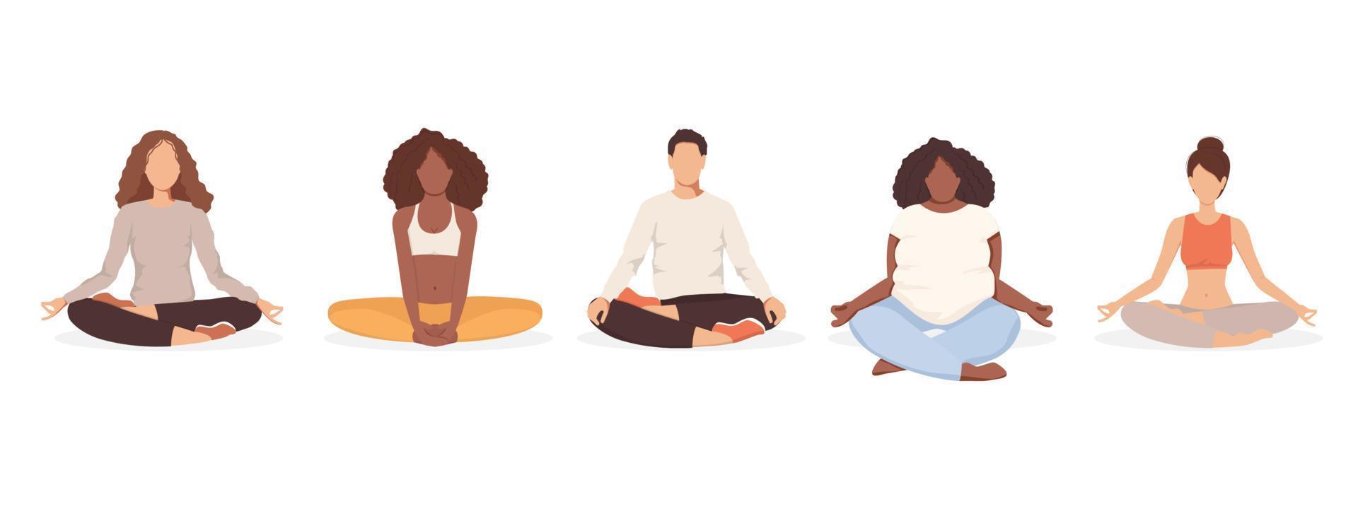 Group of people doing yoga together. Man and women sitting in lotus pose. Vector illustration isolated on white background