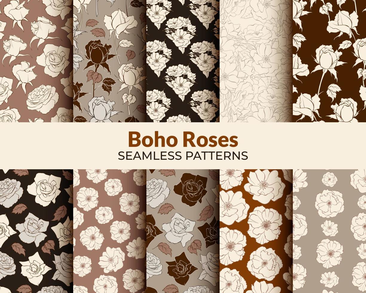 colección de patrones sin fisuras de cabezas de flores beige boho vector