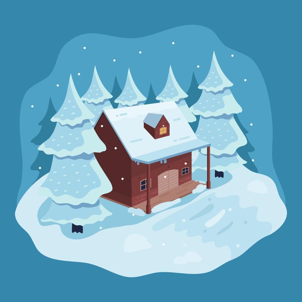 Winter background illustration of winter house, trees and falling snow vector