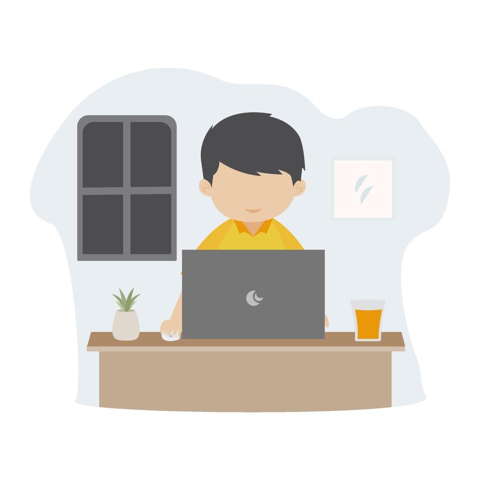 Man working at home with laptop flat cartoon style. vector