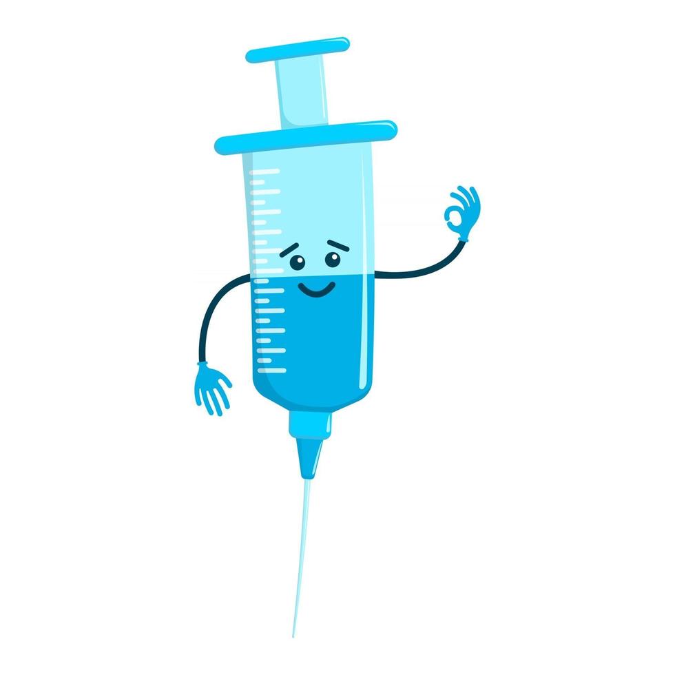 Cute cartoon syringe character smiles and shows OK gesture vector