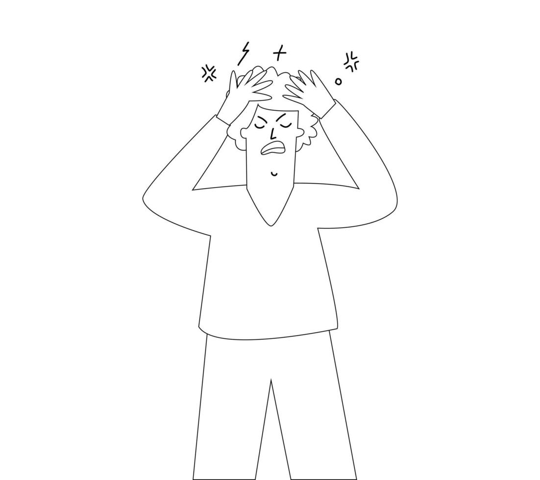 An angry man drawn with an outline. Angry man holds his head vector