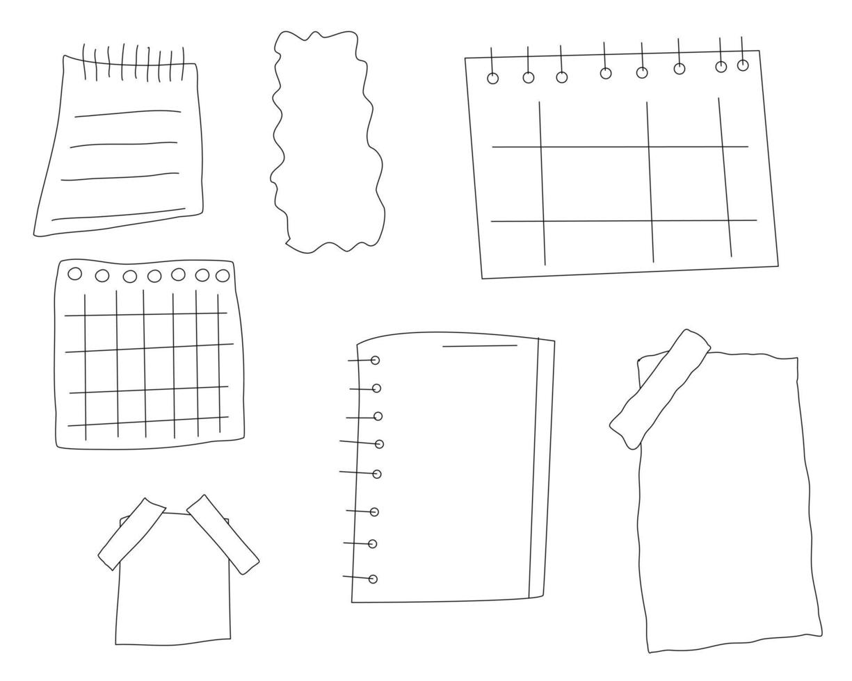 Note sheets drawn with a contour. Torn sheets, stickers, badges vector