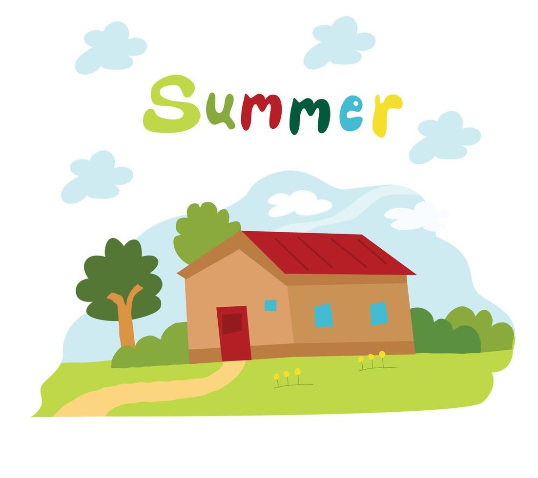 Cute hand-drawn house. A house on the background of a summer landscape vector