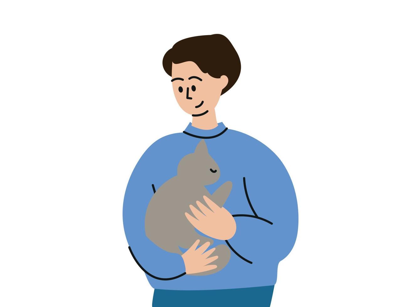 A man is holding a cat. A man with a kitten in his arms. vector