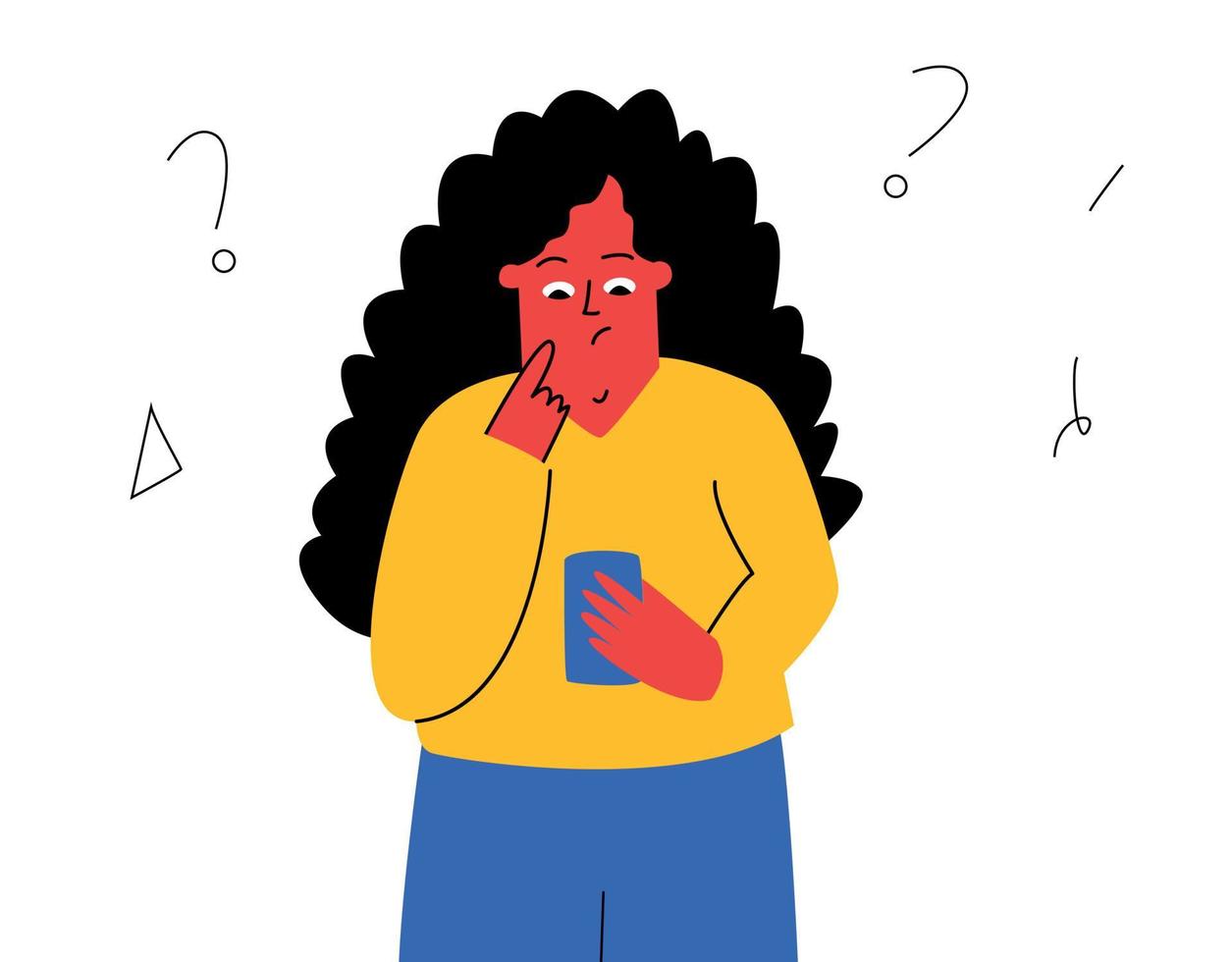 A girl reads a message on her phone. The woman is puzzled by the received message, a question mark vector