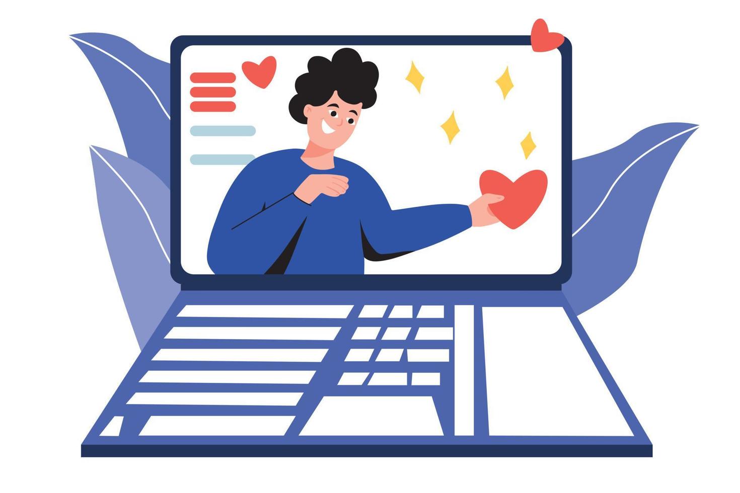 The man on the laptop screen. A man with a Valentine in his hands. vector