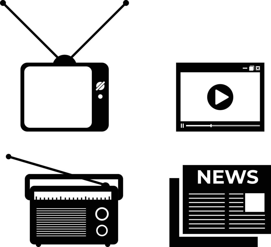 TV, television, radio, newspaper and internet or social media icons vector