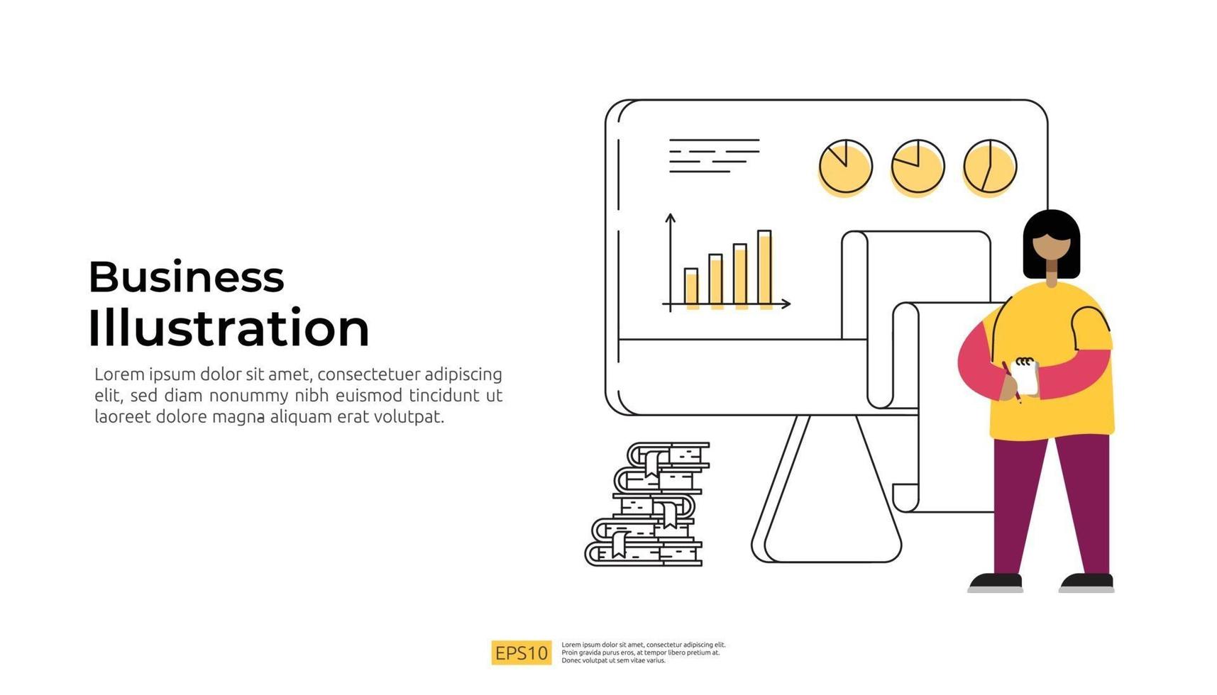 Gestión de datos e informe con gráfico en la pantalla de la PC. vector