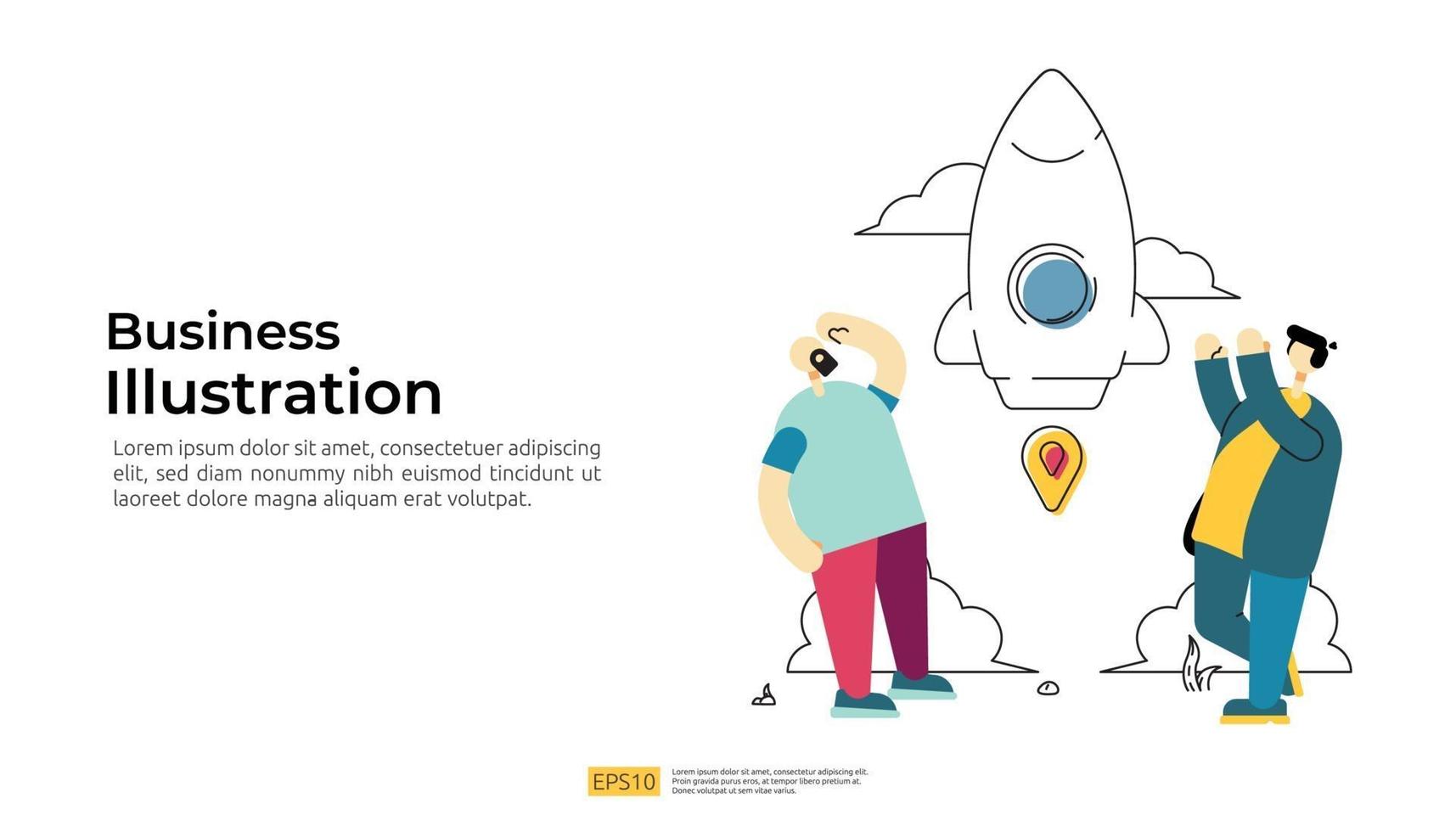 start up business launching with spaceship rocket and character vector