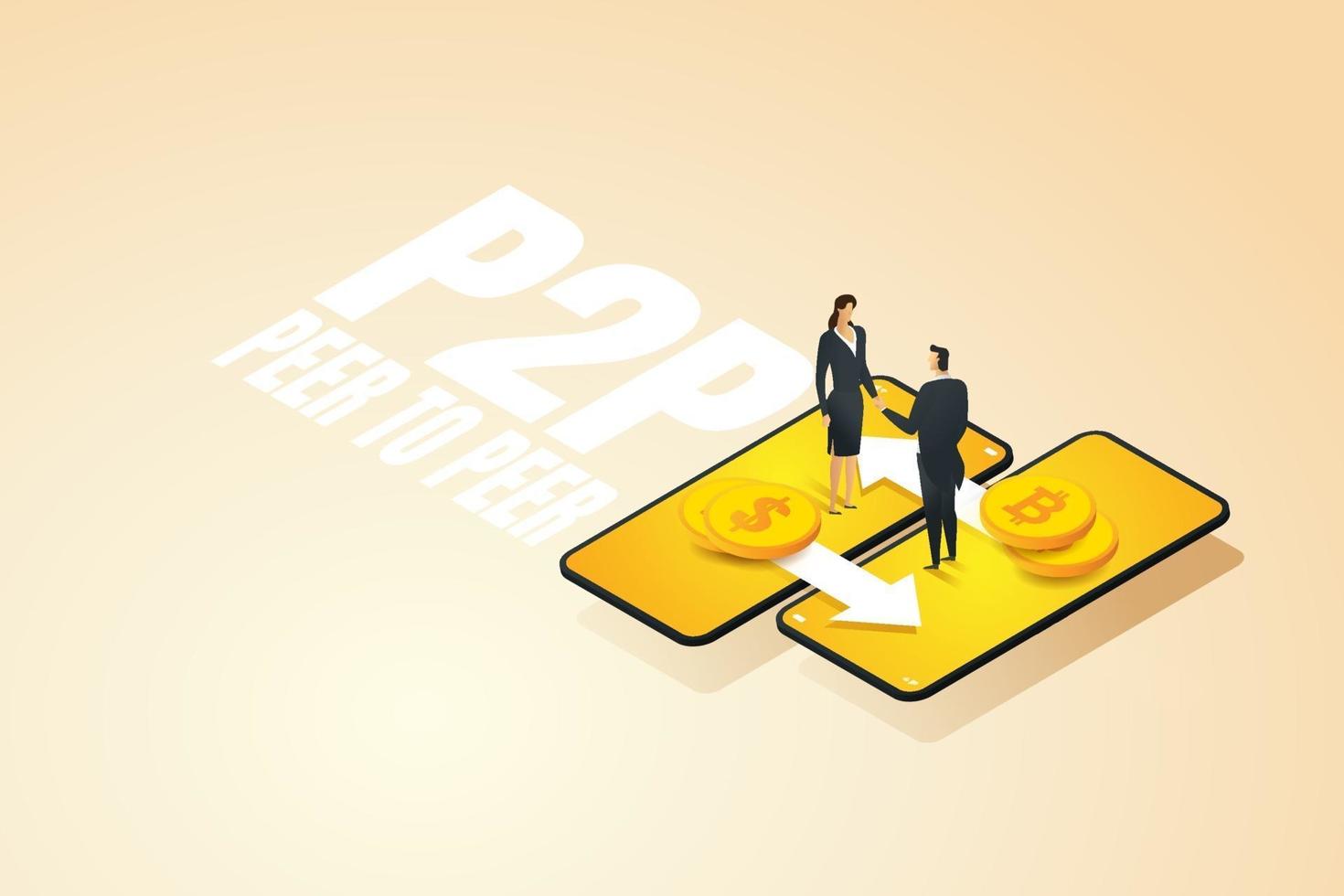 Crypto currency exchange, P2P, peer to peer via smart phone. vector