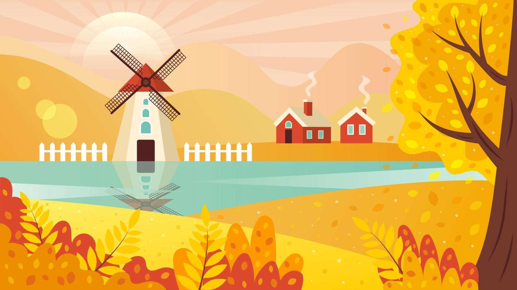 Autumn rural landscape with windmill, farmhouses and trees. vector