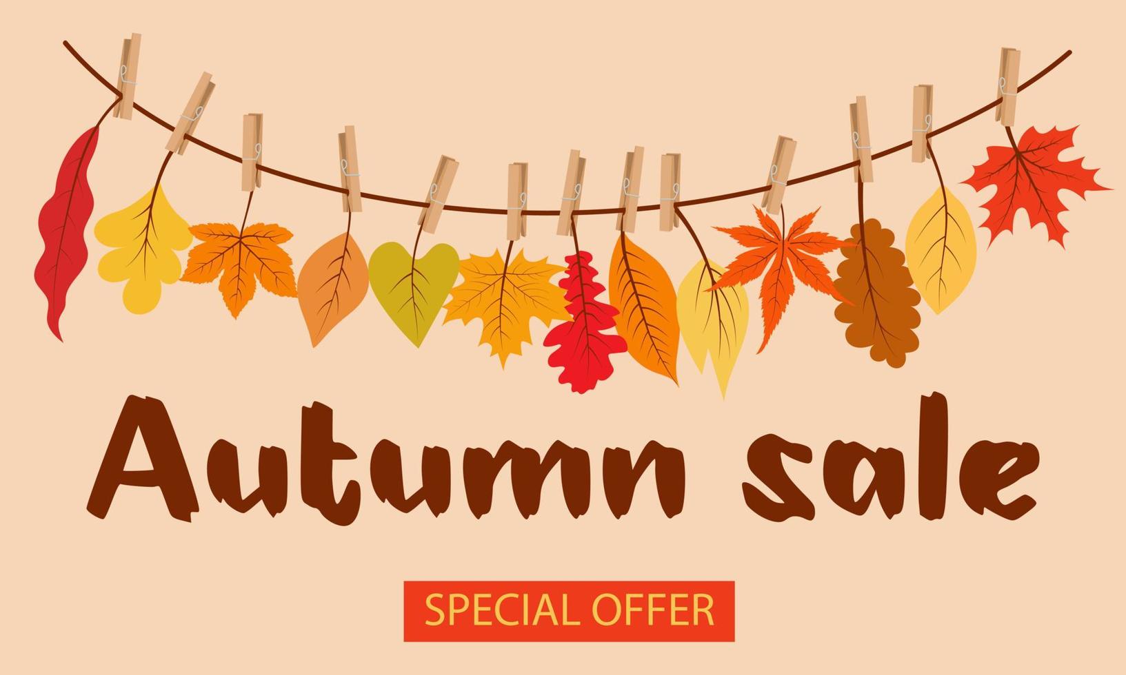 Banner de venta de otoño con hojas colgando de la cuerda. vector