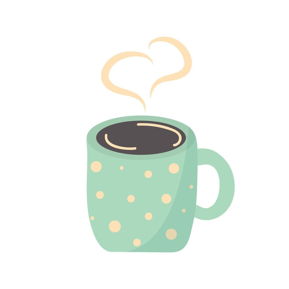 A mug with polka dots for a hot drink with heart shaped steam. Vector illustration.