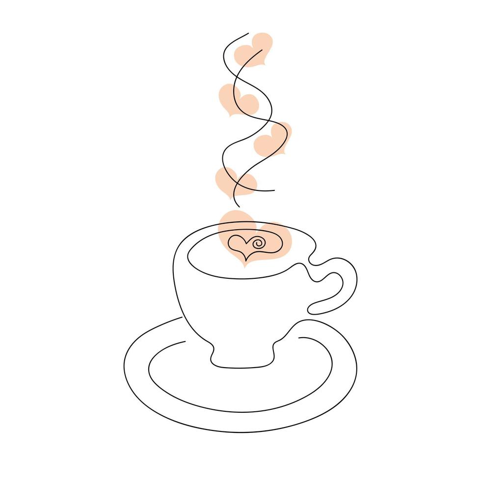 Continuous line art coffee cup with hearts. vector