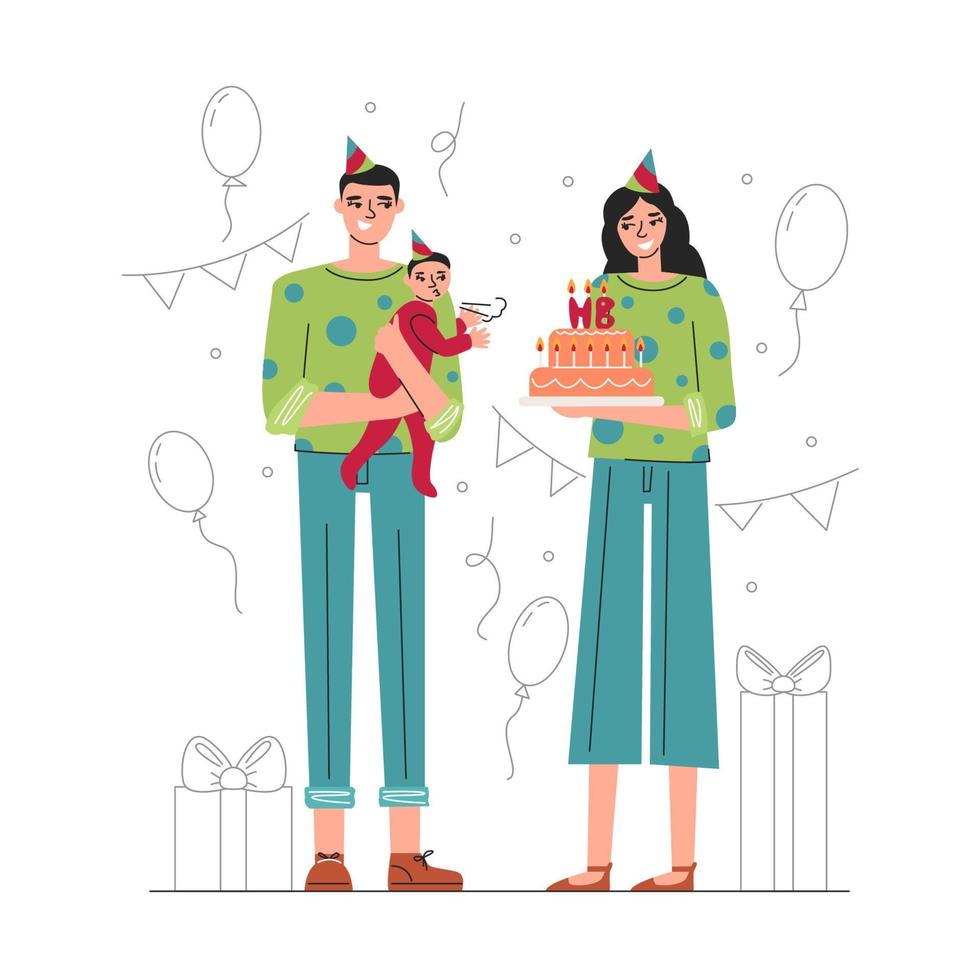 Cute family celebrating first baby boy birthday vector