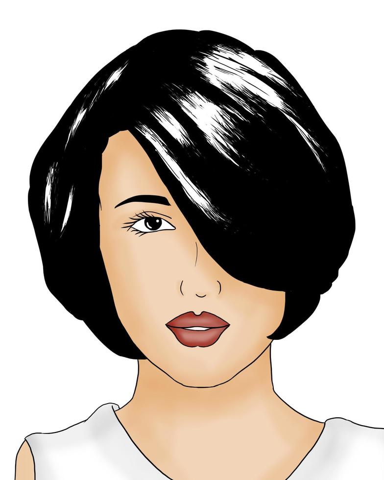hermosa cara de mujer dibujada a mano con ilustración de pelo corto negro vector