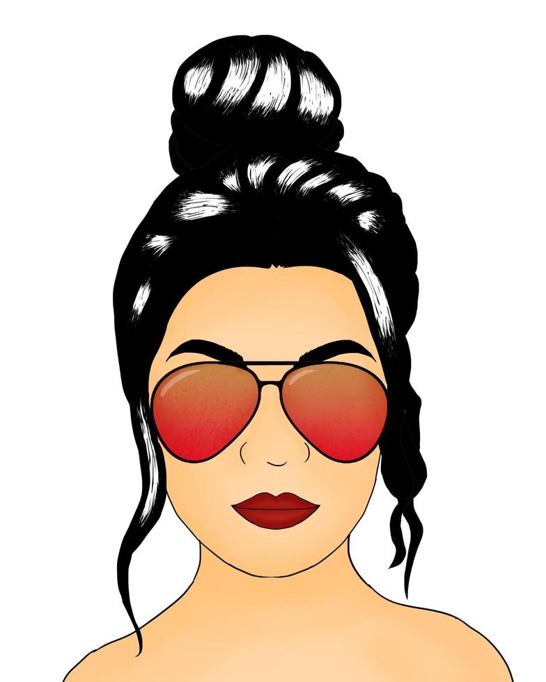 Hand drawn colored girl with a messy bun and retro glasses vector
