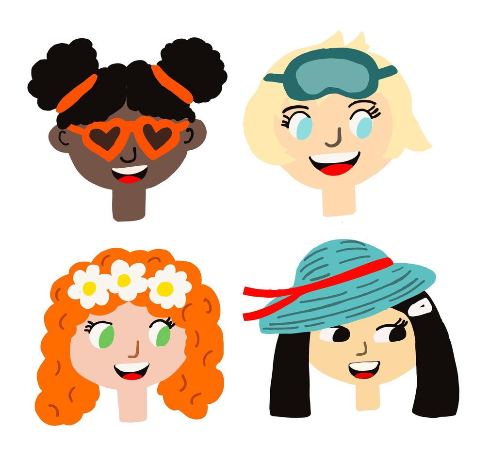 Kids of different races wearing summer accessories vector